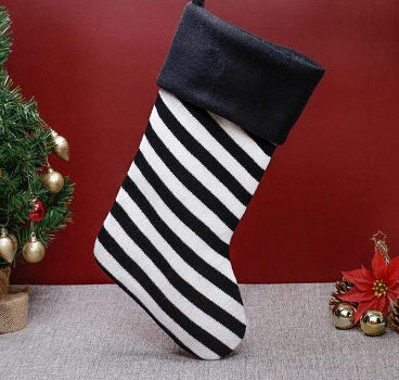 Deluxe Plush Black Knitted White Stripe Stocking