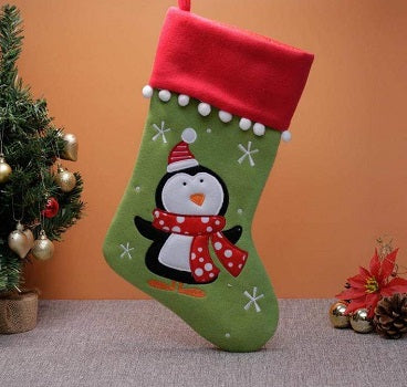 Deluxe Plush Green Red Pom Pom Penguin Stocking