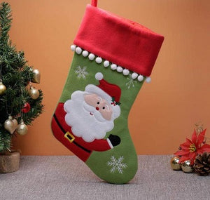 Deluxe Plush Green Red Pom Pom Santa Stocking