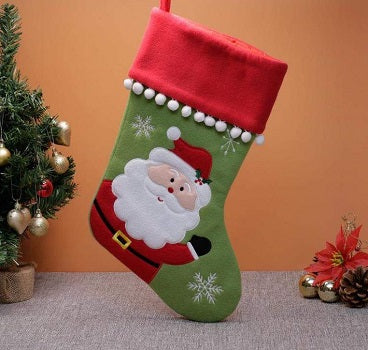 Deluxe Plush Green Red Pom Pom Santa Stocking